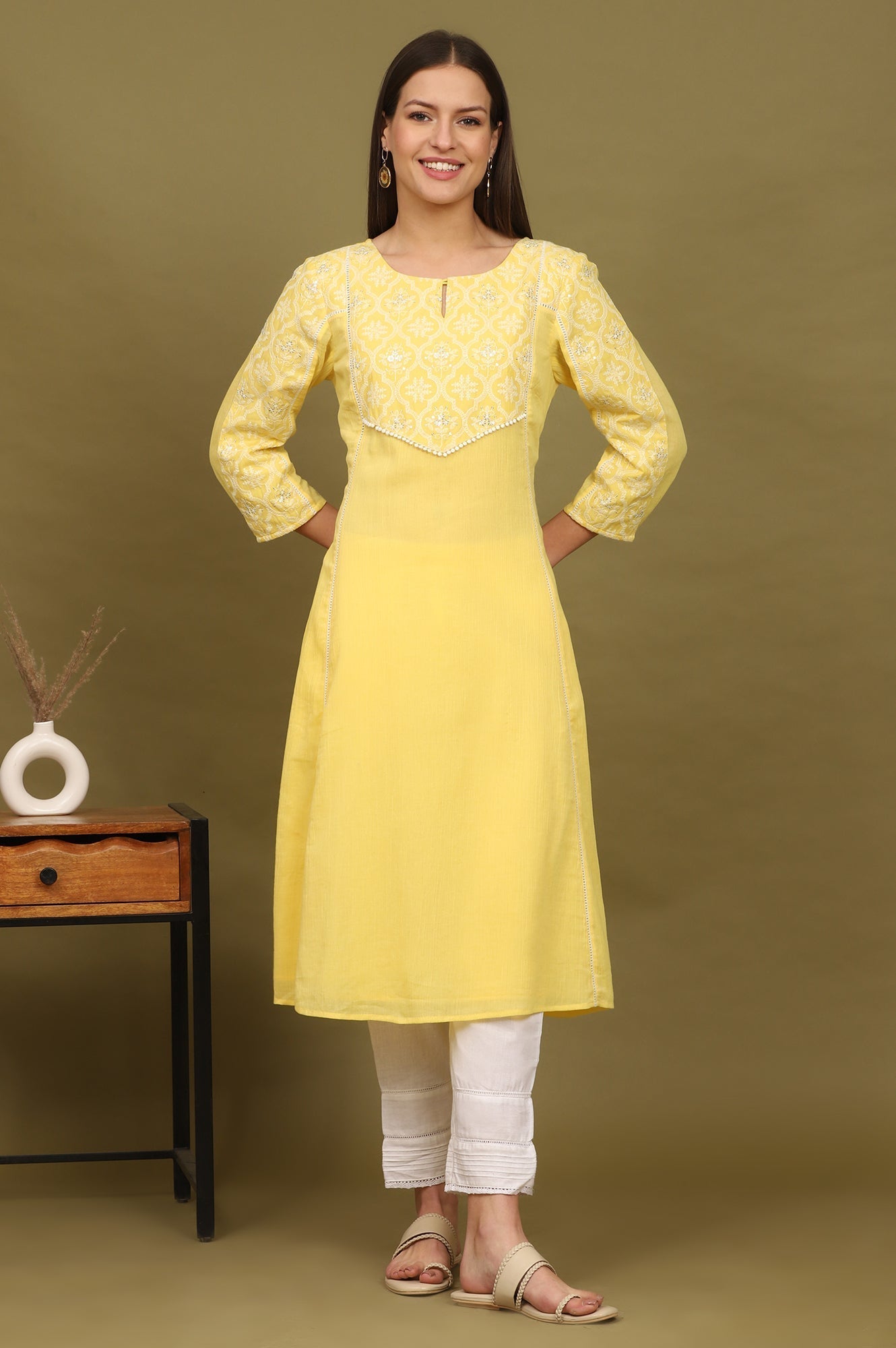 W for Woman Daffodil Yellow Embroidered Yoke Crinkle Cotton Flared Kurta