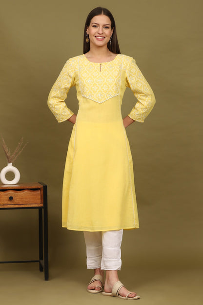 W for Woman Daffodil Yellow Embroidered Yoke Crinkle Cotton Flared Kurta