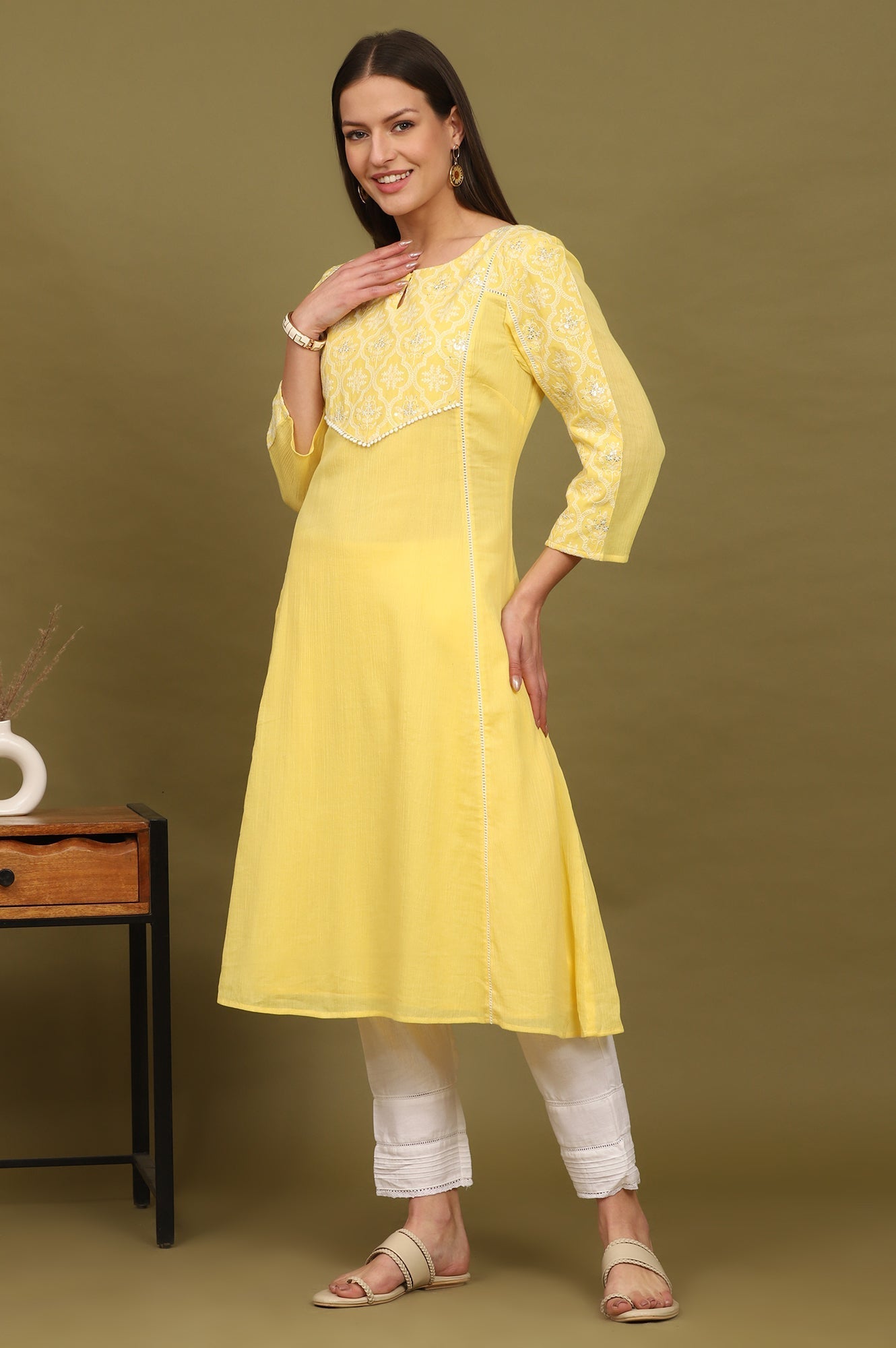 W for Woman Daffodil Yellow Embroidered Yoke Crinkle Cotton Flared Kurta