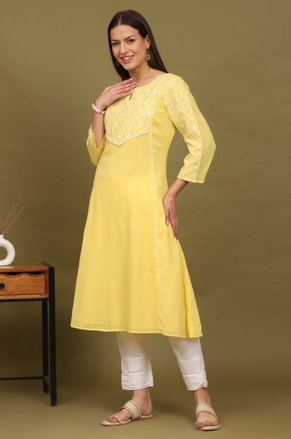 W for Woman Daffodil Yellow Embroidered Yoke Crinkle Cotton Flared Kurta
