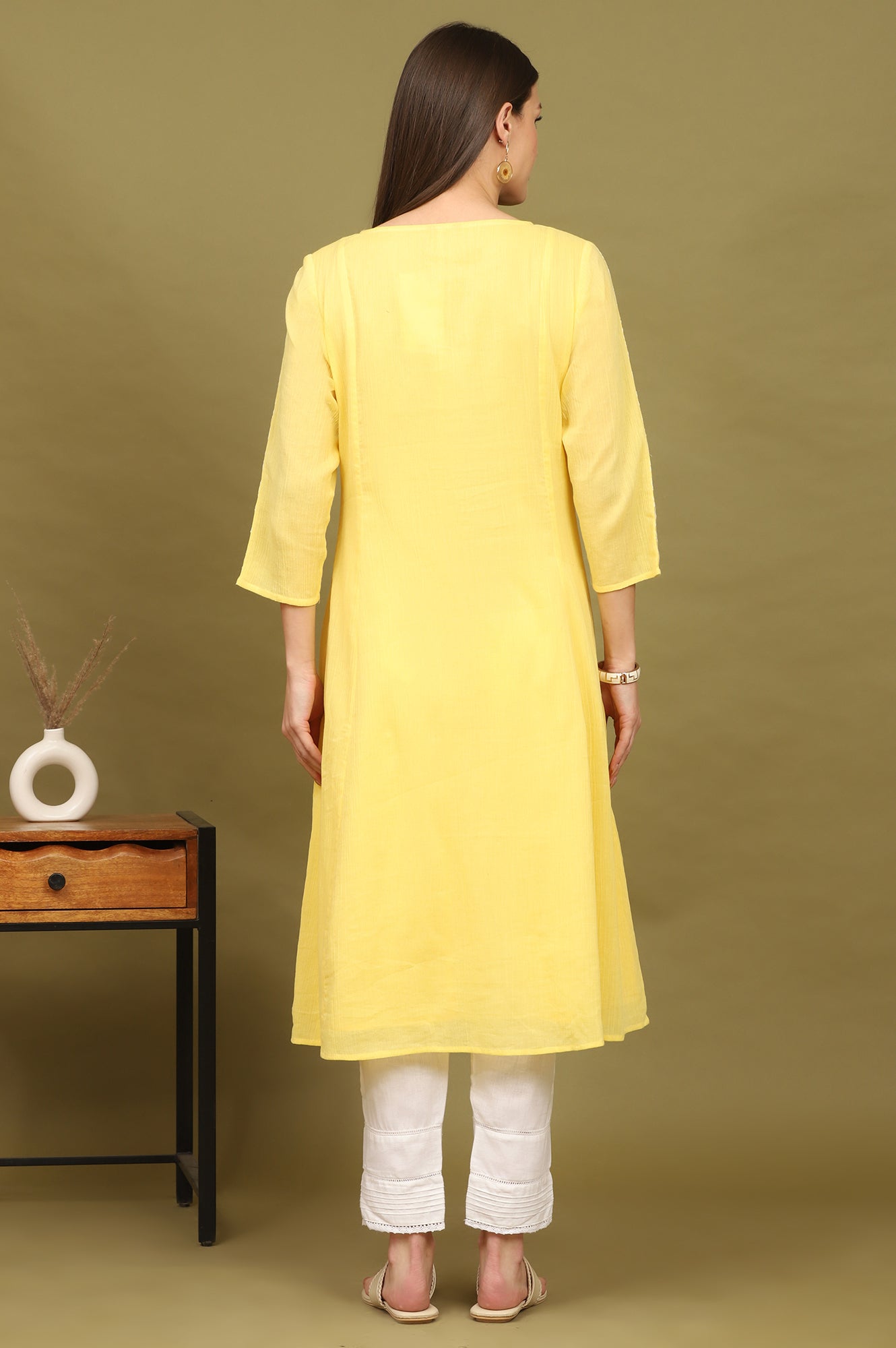W for Woman Daffodil Yellow Embroidered Yoke Crinkle Cotton Flared Kurta