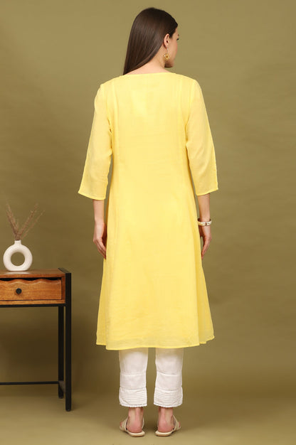 W for Woman Daffodil Yellow Embroidered Yoke Crinkle Cotton Flared Kurta