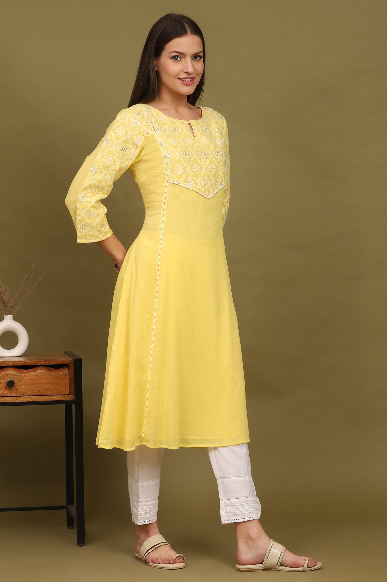 W for Woman Daffodil Yellow Embroidered Yoke Crinkle Cotton Flared Kurta