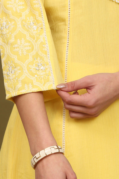 W for Woman Daffodil Yellow Embroidered Yoke Crinkle Cotton Flared Kurta