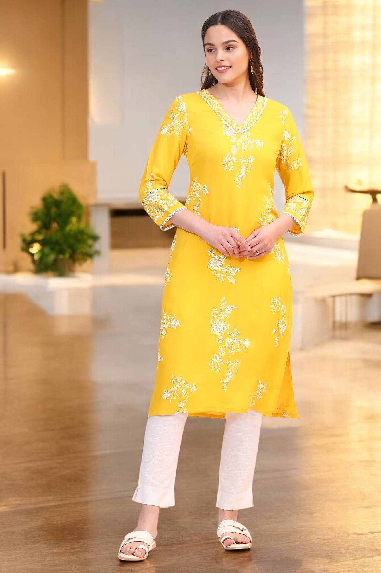W for Woman Mango Yellow Floral Printed Shantung A-line Kurta