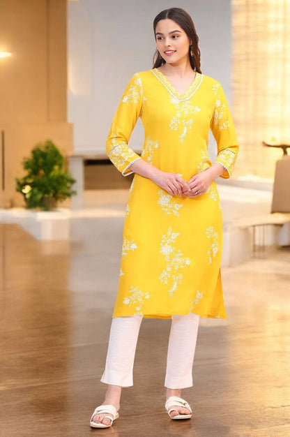 W for Woman Mango Yellow Floral Printed Shantung A-line Kurta