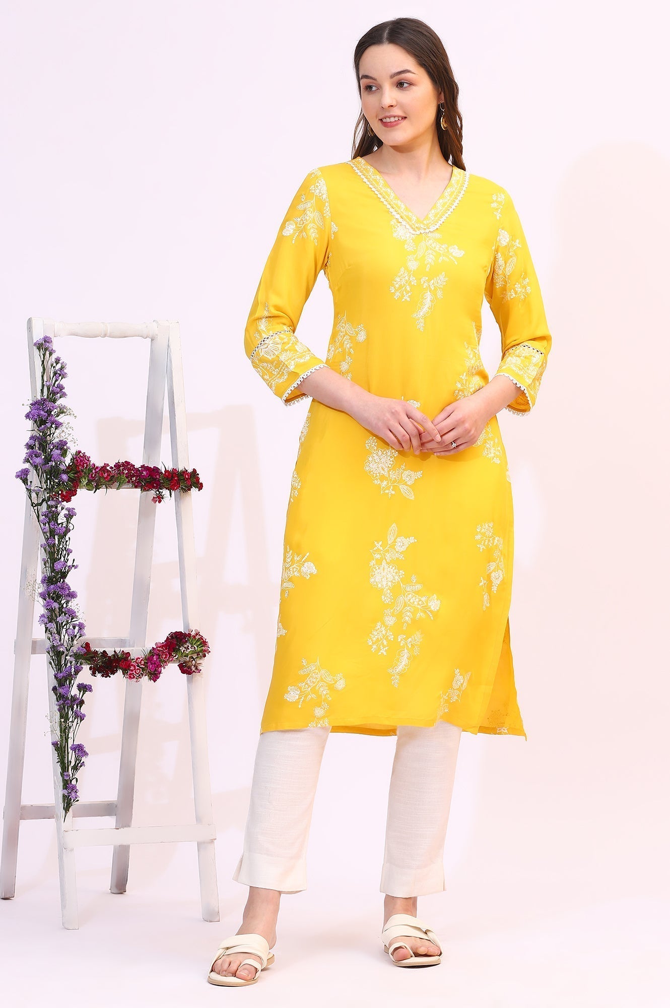 W for Woman Mango Yellow Floral Printed Shantung A-line Kurta