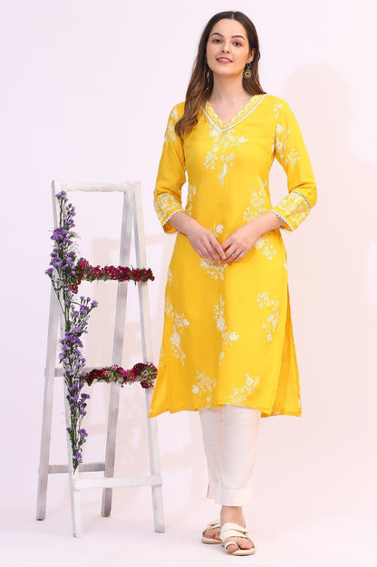 W for Woman Mango Yellow Floral Printed Shantung A-line Kurta