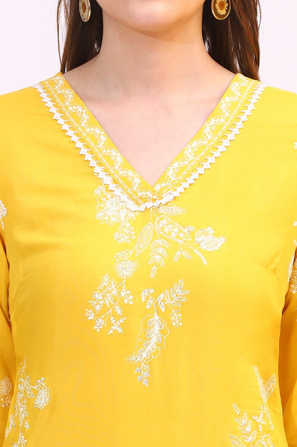 W for Woman Mango Yellow Floral Printed Shantung A-line Kurta