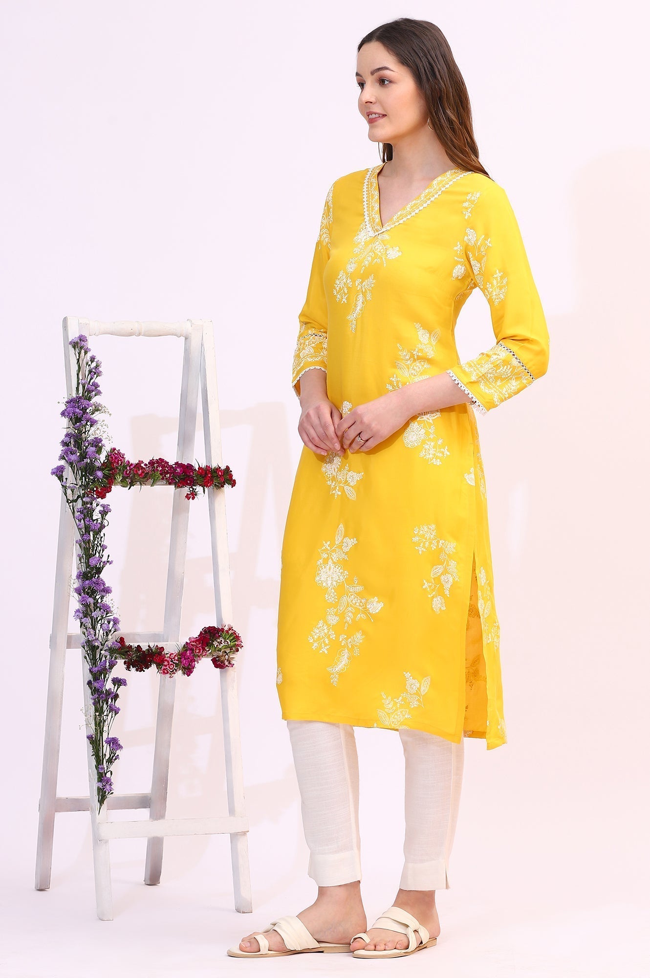 W for Woman Mango Yellow Floral Printed Shantung A-line Kurta