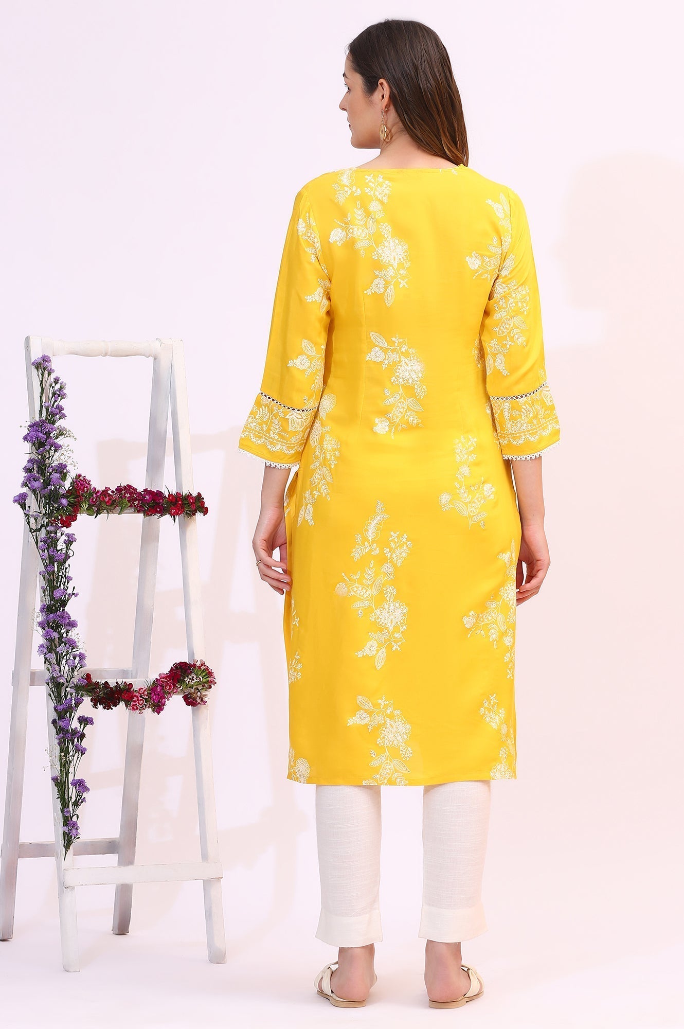W for Woman Mango Yellow Floral Printed Shantung A-line Kurta