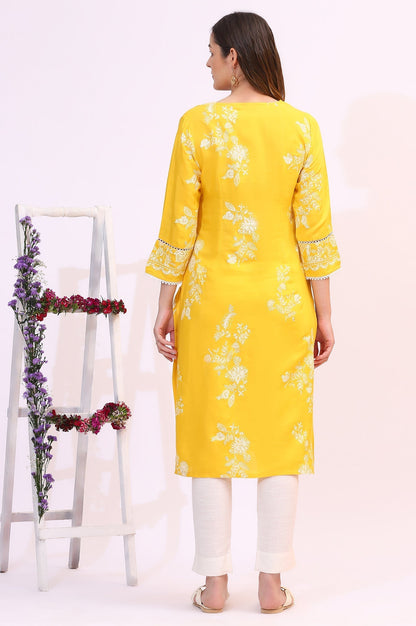 W for Woman Mango Yellow Floral Printed Shantung A-line Kurta