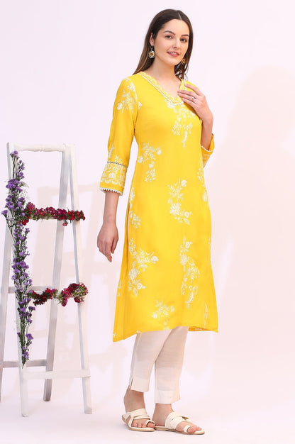 W for Woman Mango Yellow Floral Printed Shantung A-line Kurta