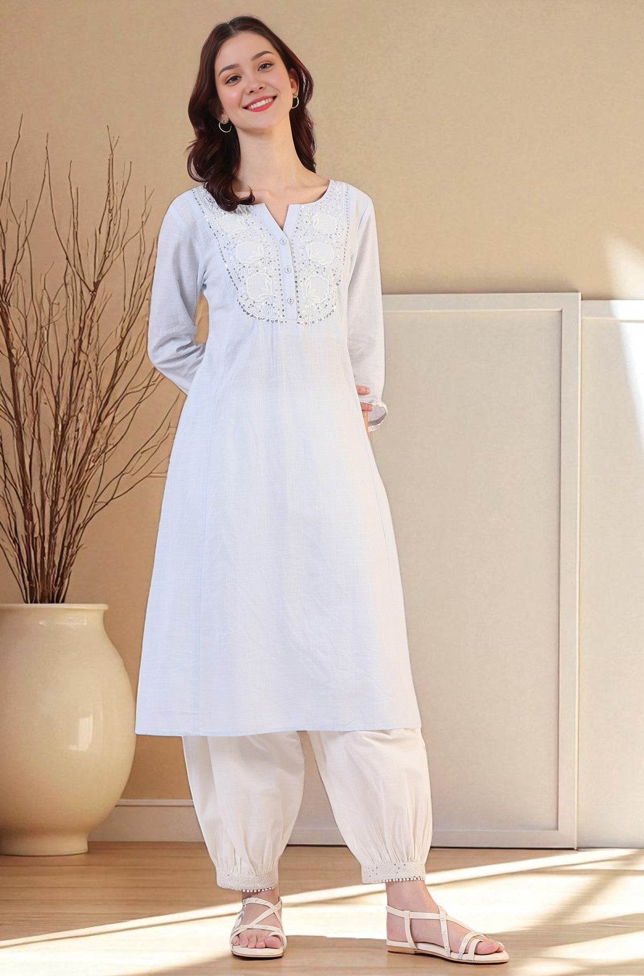 W for Woman Blue Solid A-Line Pure Cotton Kurta