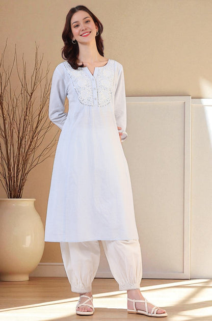 W for Woman Blue Solid A-Line Pure Cotton Kurta