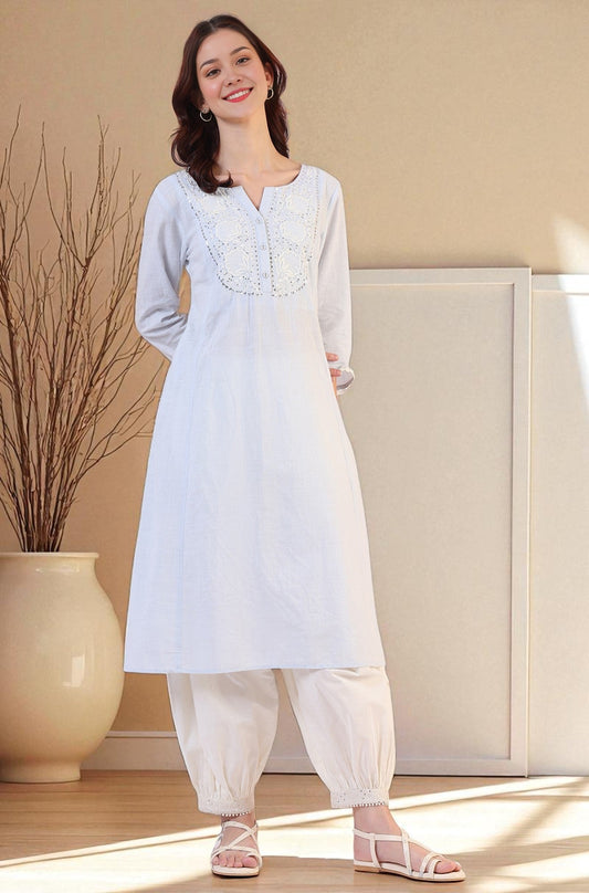 W for Woman Blue Solid A-Line Pure Cotton Kurta