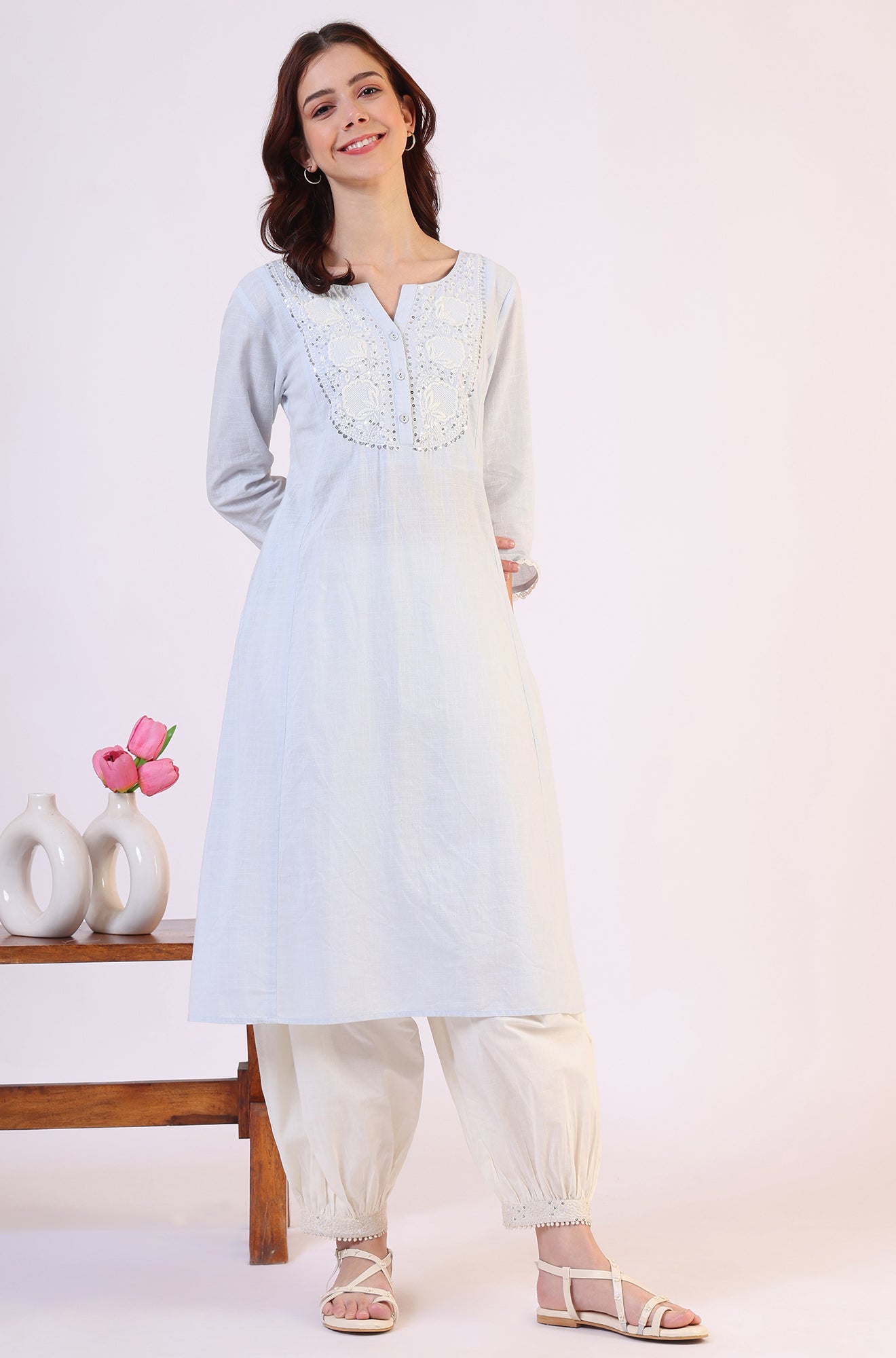 W for Woman Blue Solid A-Line Pure Cotton Kurta