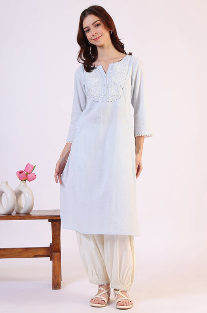 W for Woman Blue Solid A-Line Pure Cotton Kurta