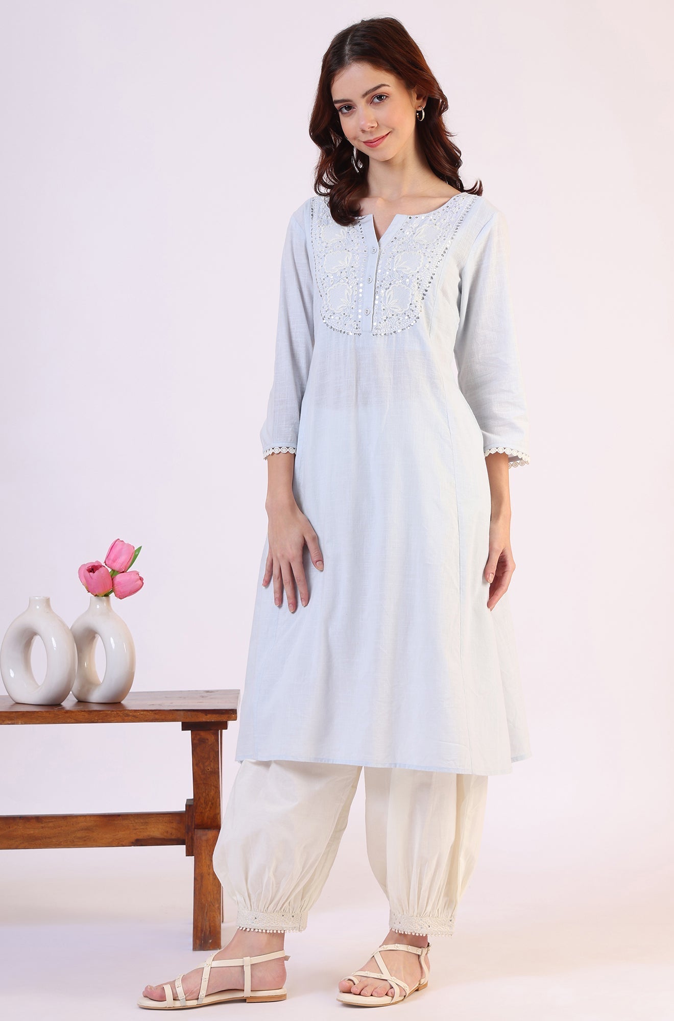 W for Woman Blue Solid A-Line Pure Cotton Kurta