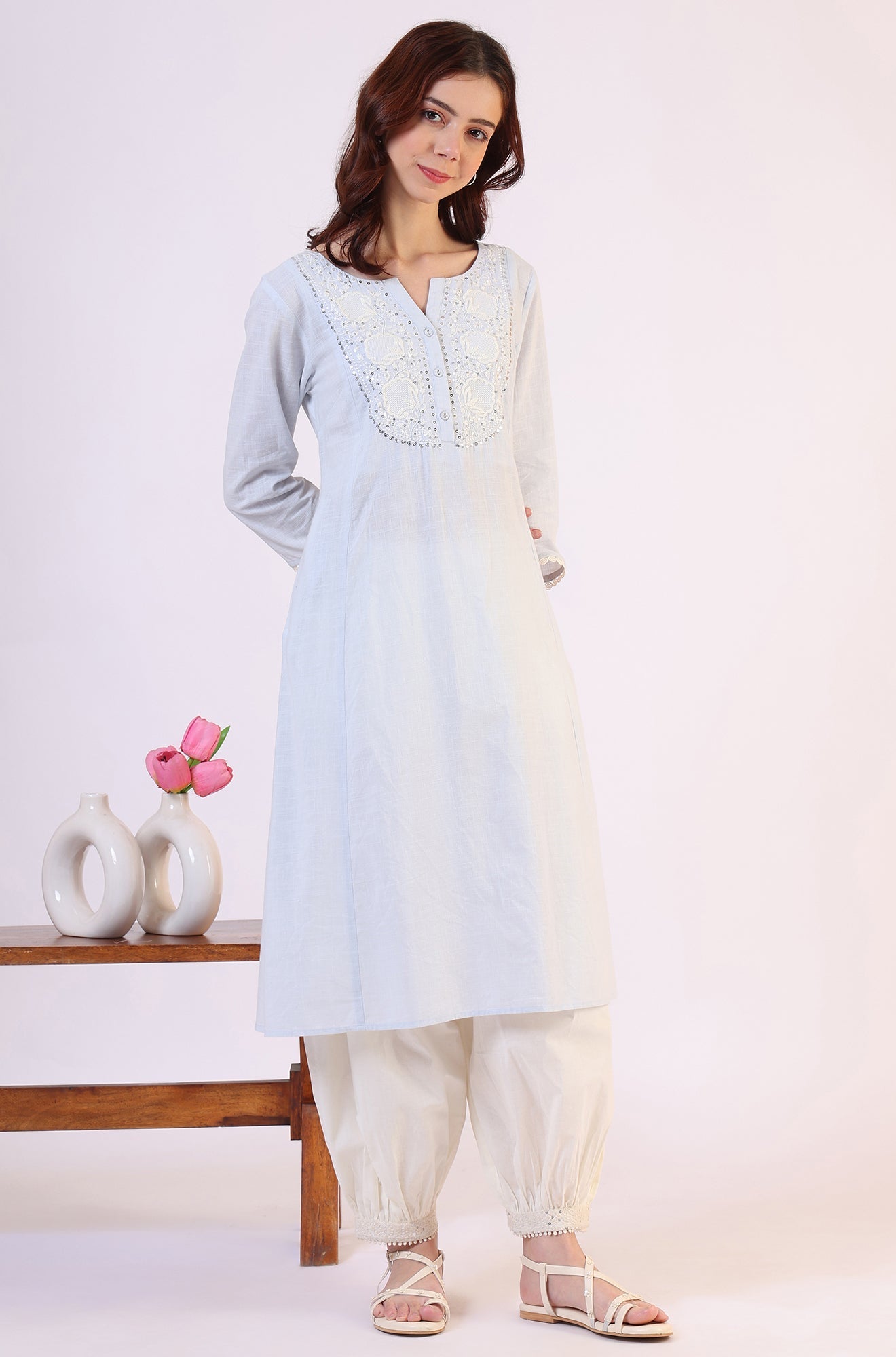 W for Woman Blue Solid A-Line Pure Cotton Kurta