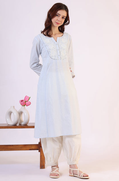 W for Woman Blue Solid A-Line Pure Cotton Kurta