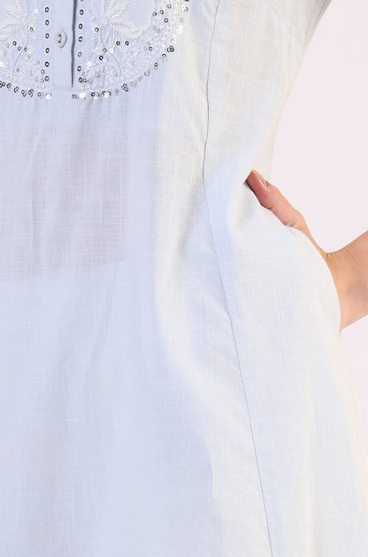 W for Woman Blue Solid A-Line Pure Cotton Kurta