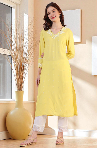 W for Woman Yellow Floral Printed A-Line Viscose Kurta