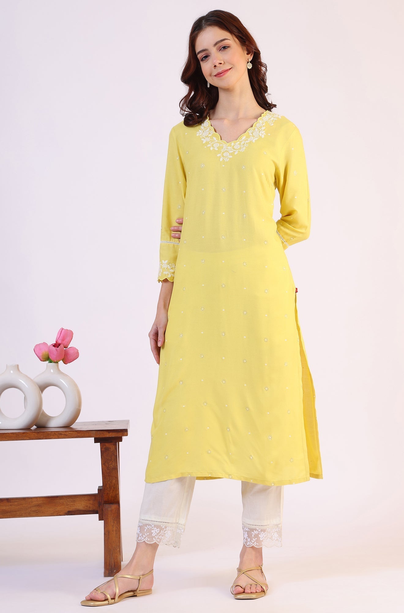 W for Woman Yellow Floral Printed A-Line Viscose Kurta