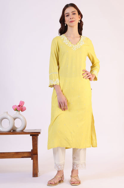 W for Woman Yellow Floral Printed A-Line Viscose Kurta