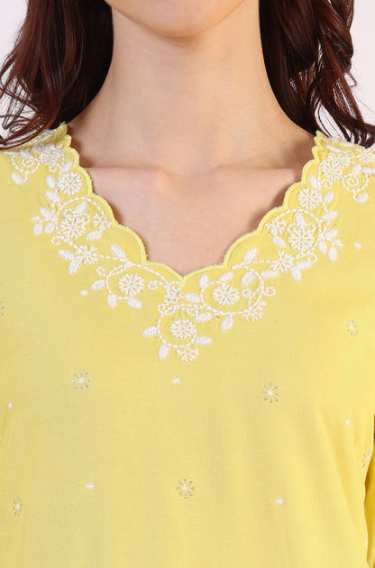 W for Woman Yellow Floral Printed A-Line Viscose Kurta
