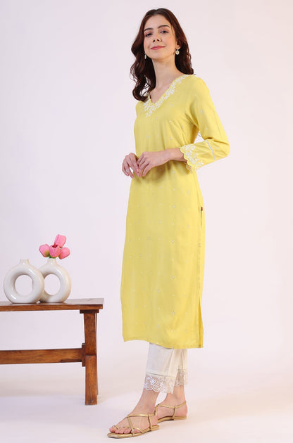 W for Woman Yellow Floral Printed A-Line Viscose Kurta