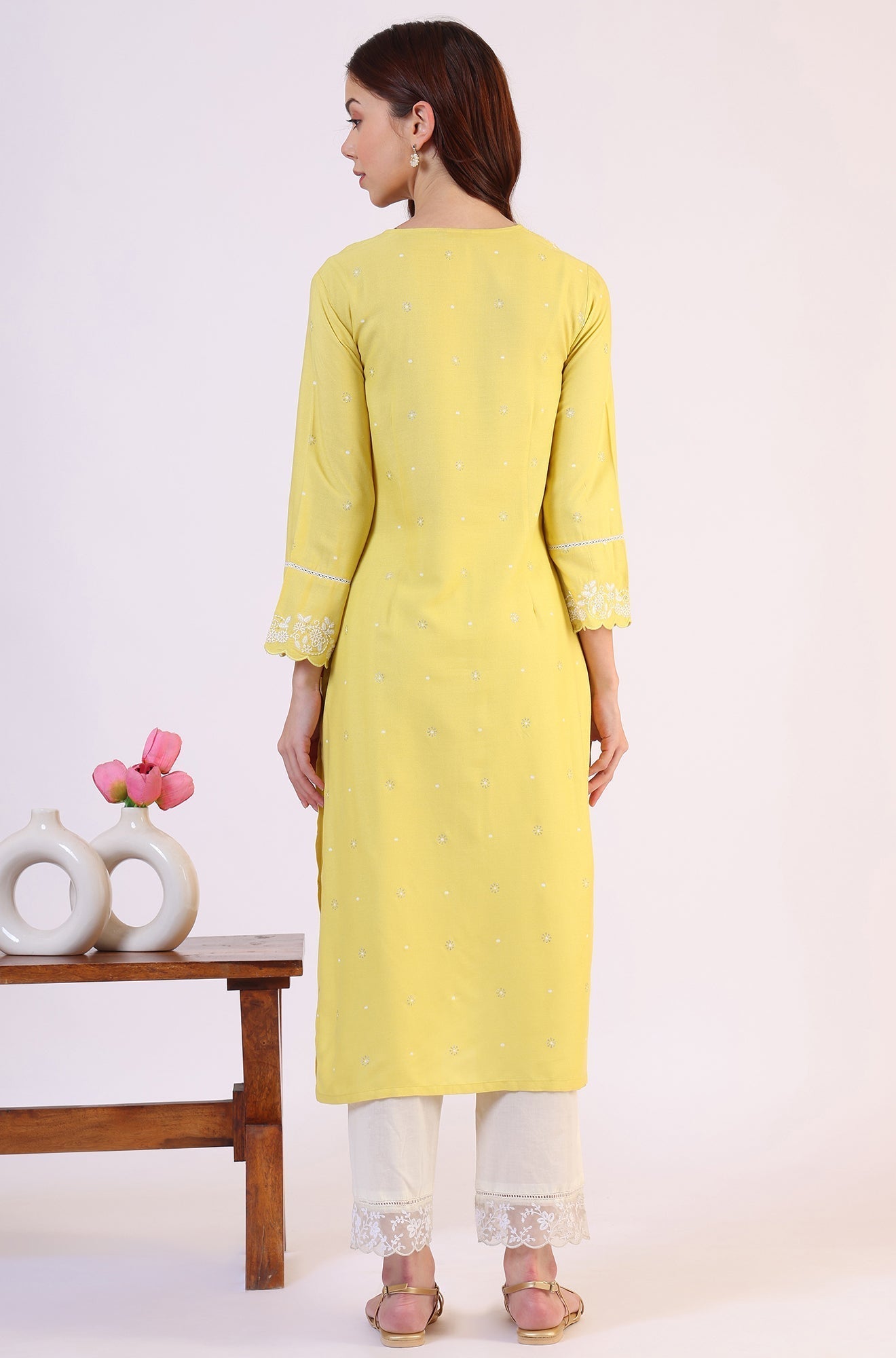 W for Woman Yellow Floral Printed A-Line Viscose Kurta
