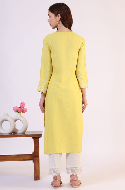 W for Woman Yellow Floral Printed A-Line Viscose Kurta