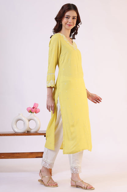 W for Woman Yellow Floral Printed A-Line Viscose Kurta