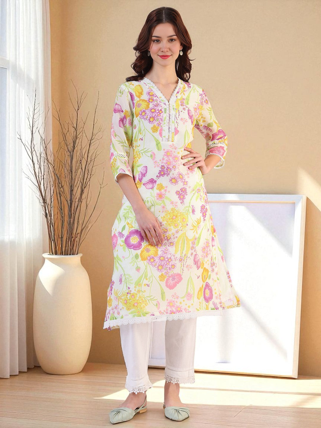 W for Woman Cream Floral Printed Straight Kota Lace Kurta