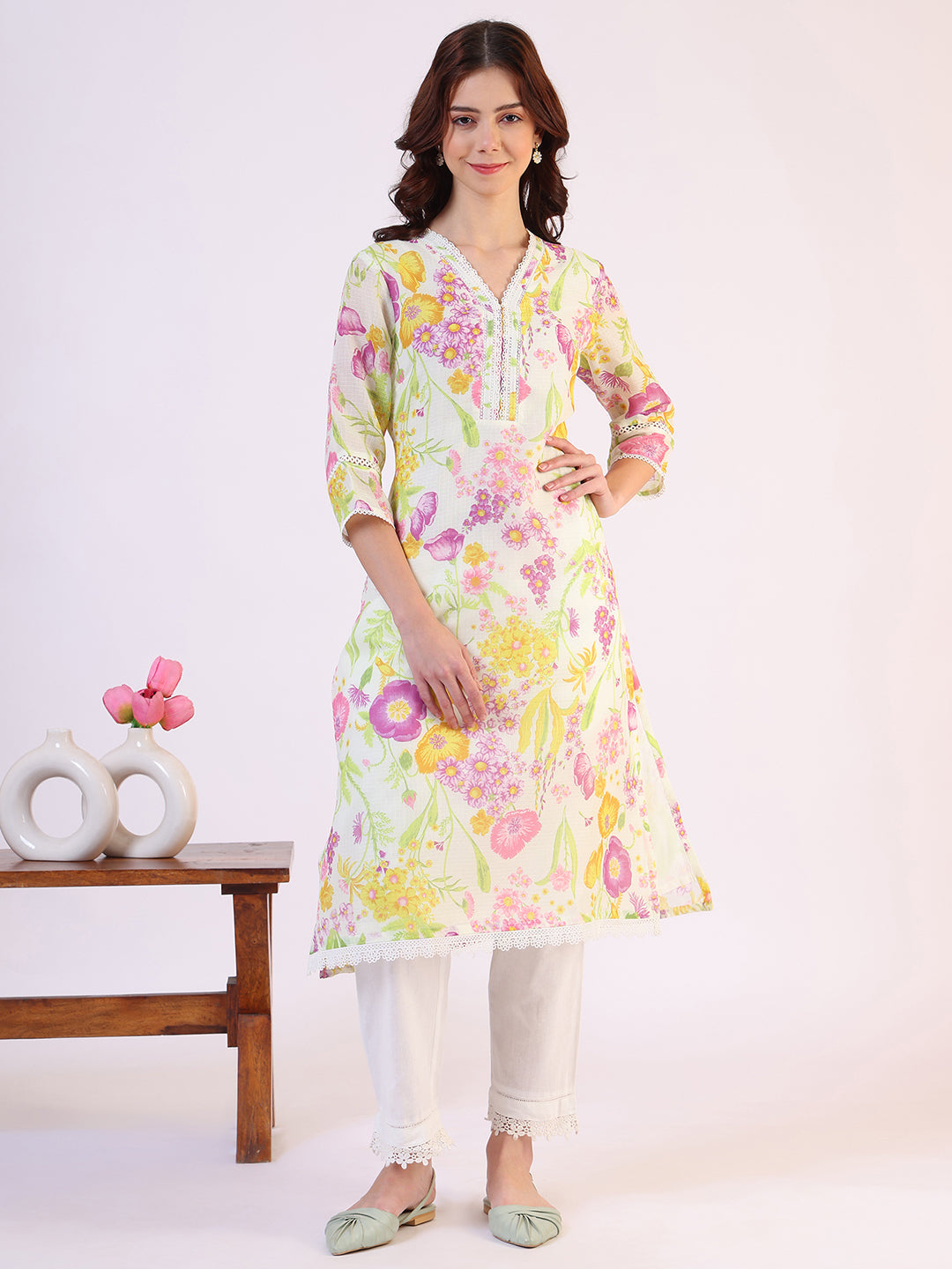 W for Woman Cream Floral Printed Straight Kota Lace Kurta