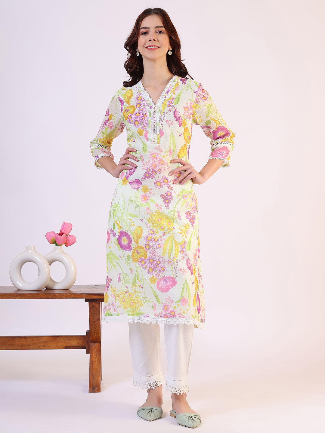 W for Woman Cream Floral Printed Straight Kota Lace Kurta