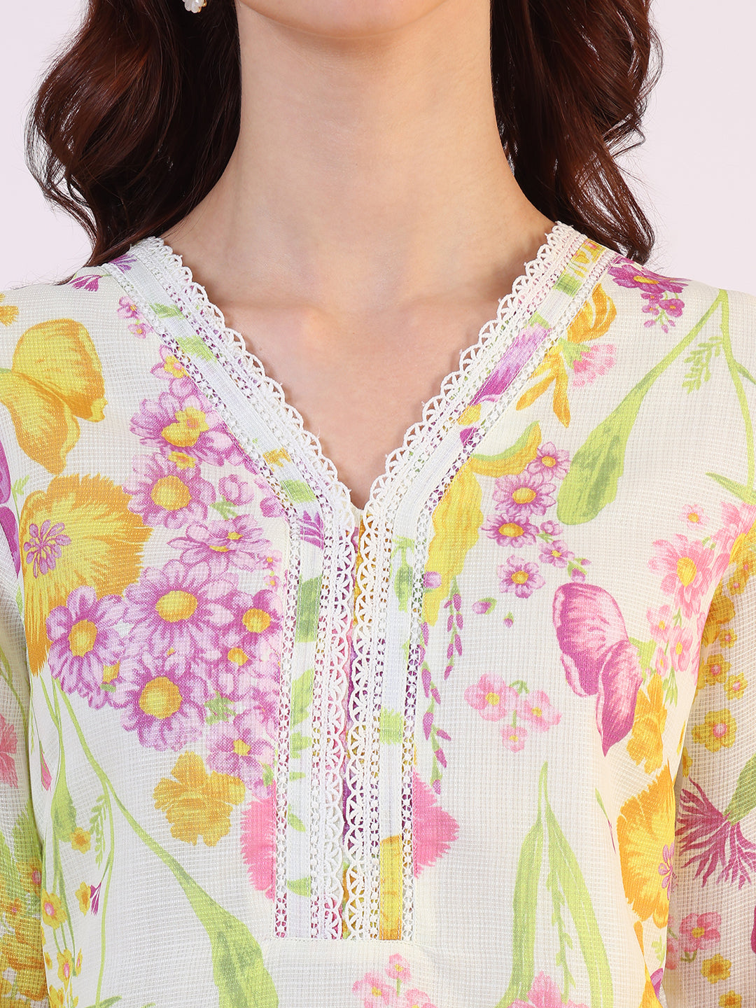 W for Woman Cream Floral Printed Straight Kota Lace Kurta