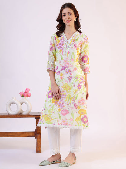 W for Woman Cream Floral Printed Straight Kota Lace Kurta