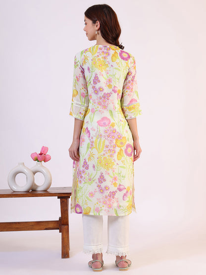 W for Woman Cream Floral Printed Straight Kota Lace Kurta