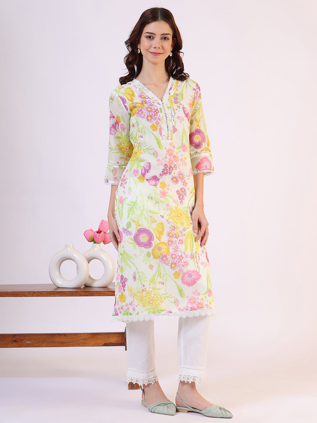 W for Woman Cream Floral Printed Straight Kota Lace Kurta