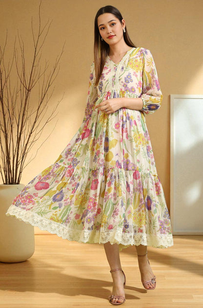W for Woman White Floral Printed Tiered Chiffon Dress with Lace Detail