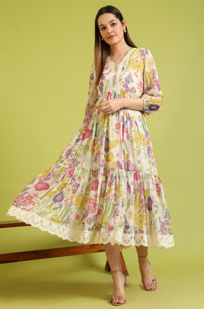 W for Woman White Floral Printed Tiered Chiffon Dress with Lace Detail