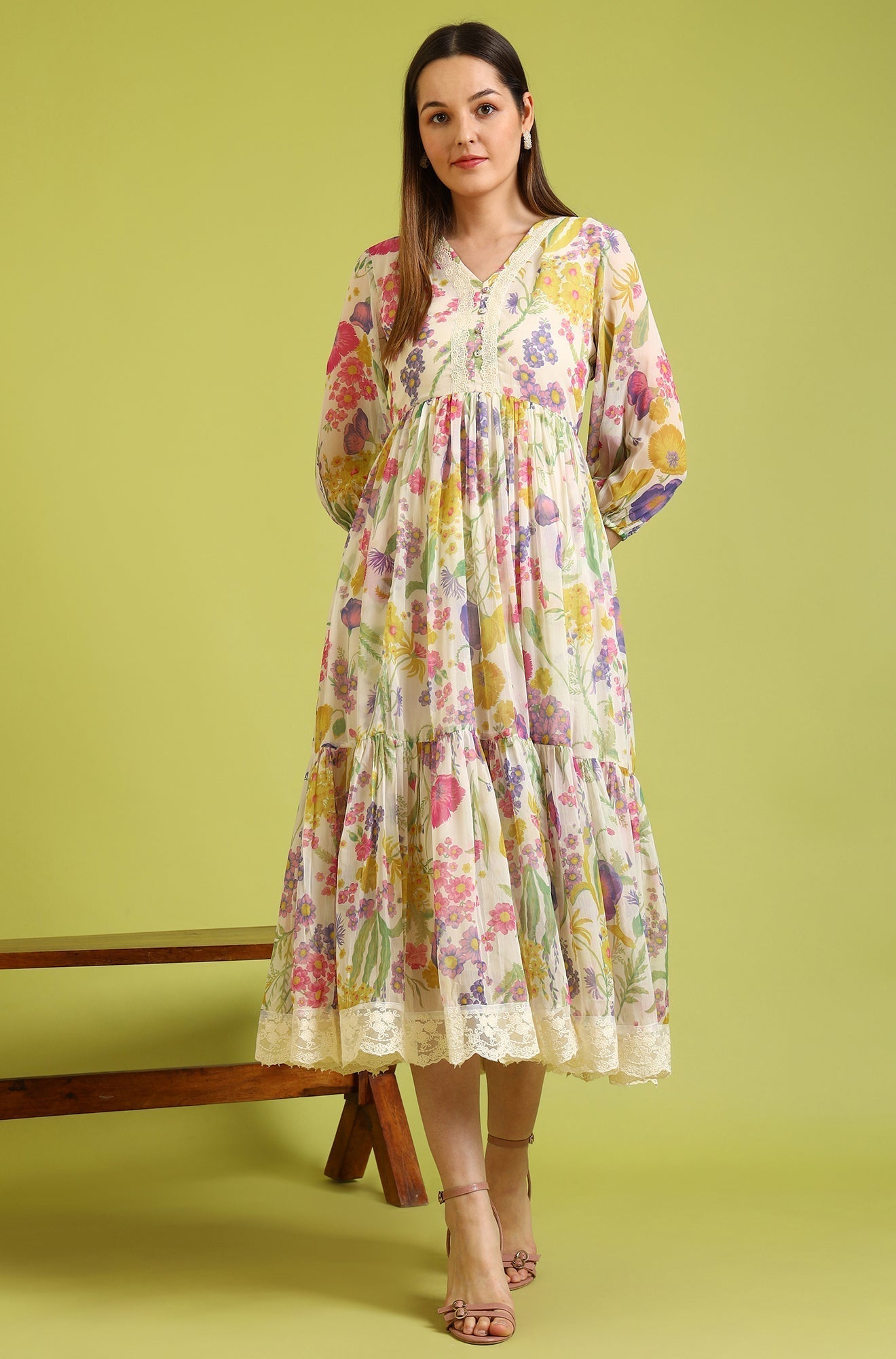 W for Woman White Floral Printed Tiered Chiffon Dress with Lace Detail