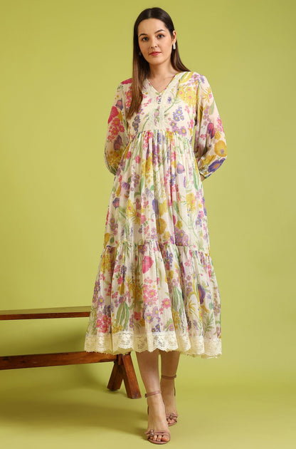 W for Woman White Floral Printed Tiered Chiffon Dress with Lace Detail