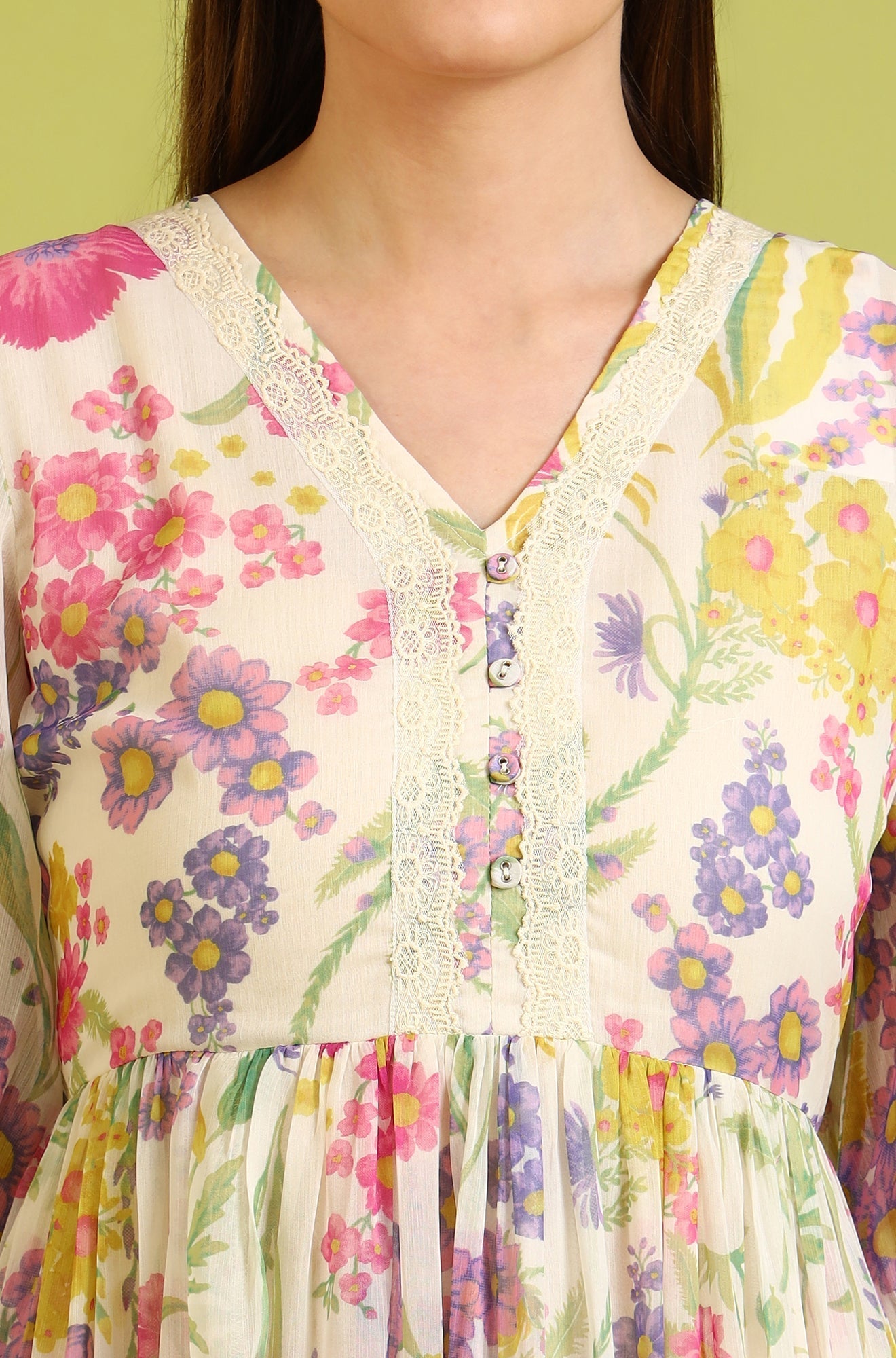 W for Woman White Floral Printed Tiered Chiffon Dress with Lace Detail