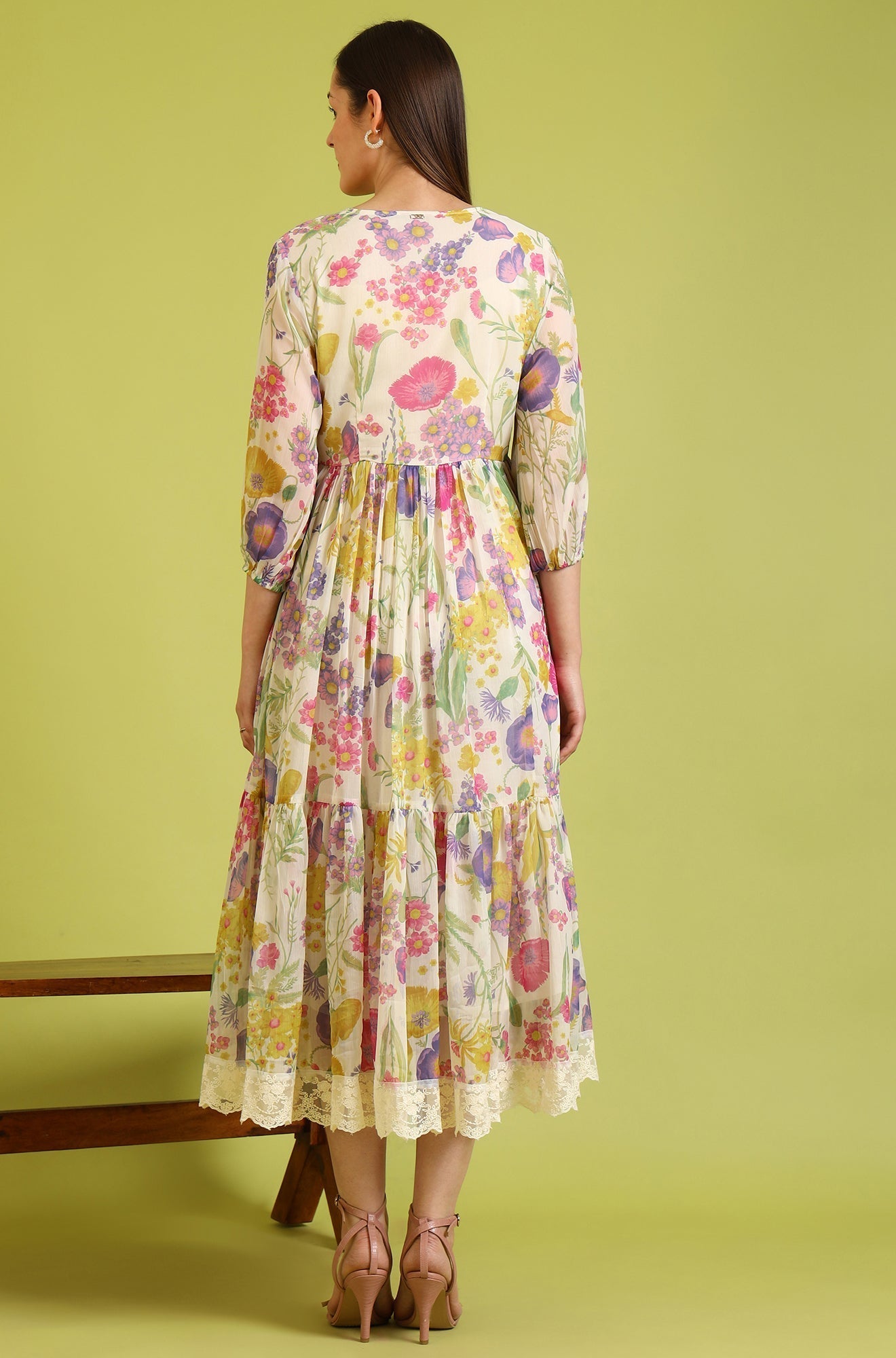 W for Woman White Floral Printed Tiered Chiffon Dress with Lace Detail