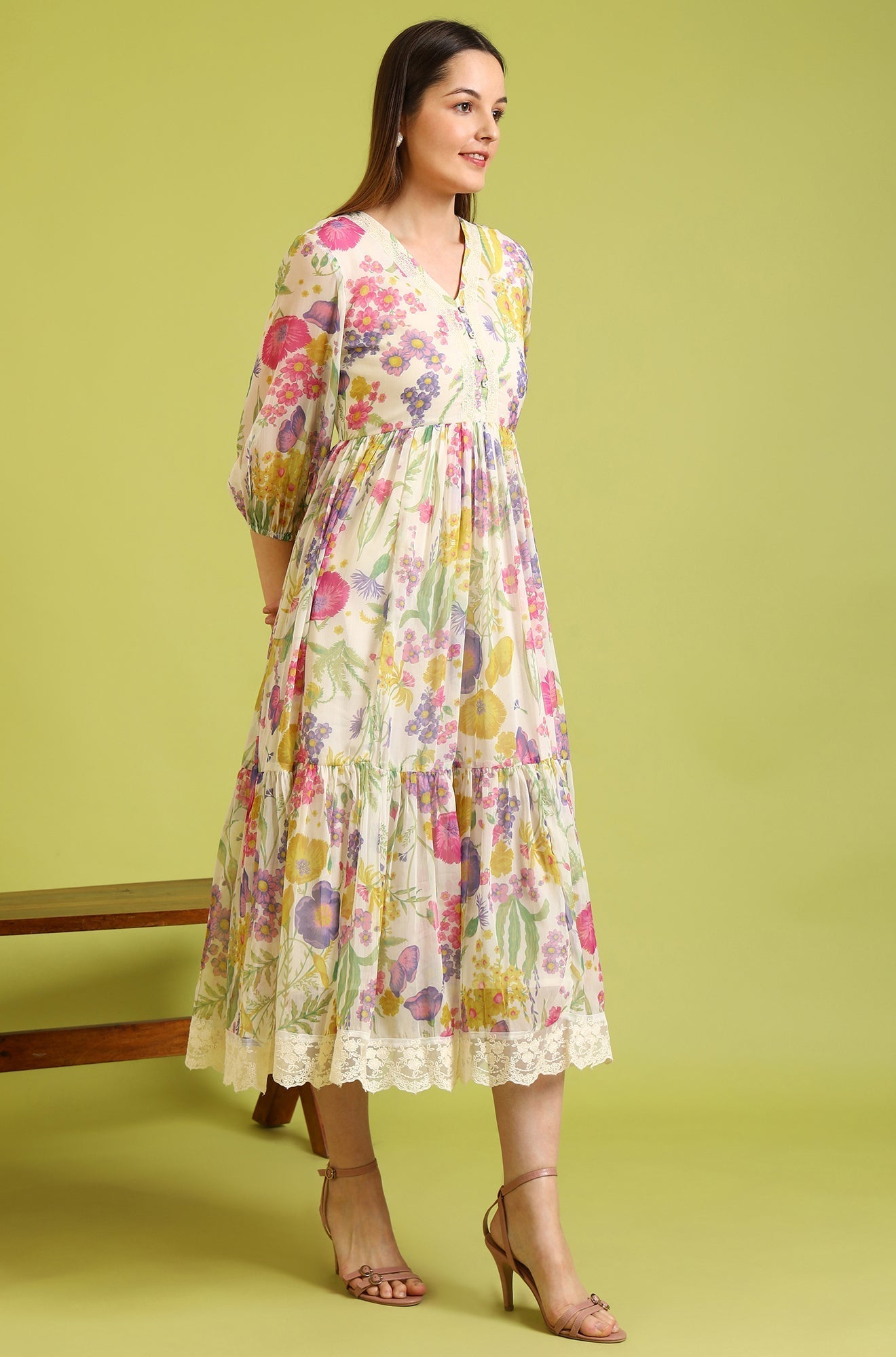 W for Woman White Floral Printed Tiered Chiffon Dress with Lace Detail