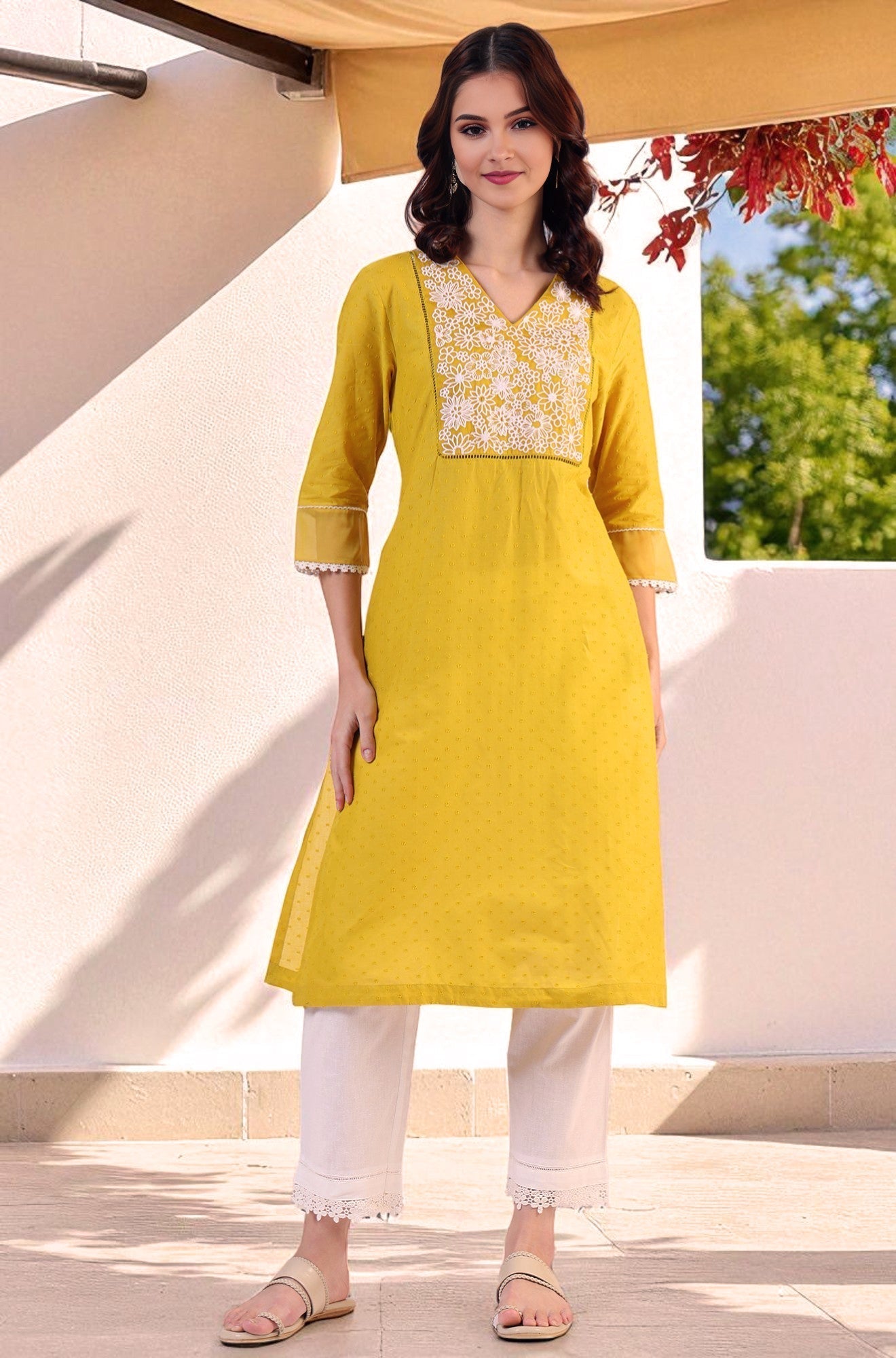 W for Woman Yellow Solid Straight Pure Cotton Kurta