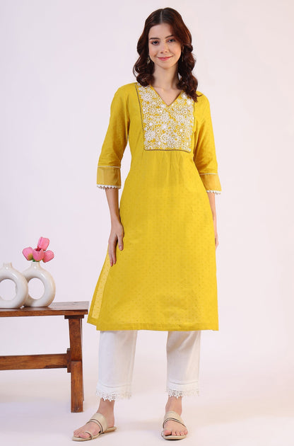W for Woman Yellow Solid Straight Pure Cotton Kurta